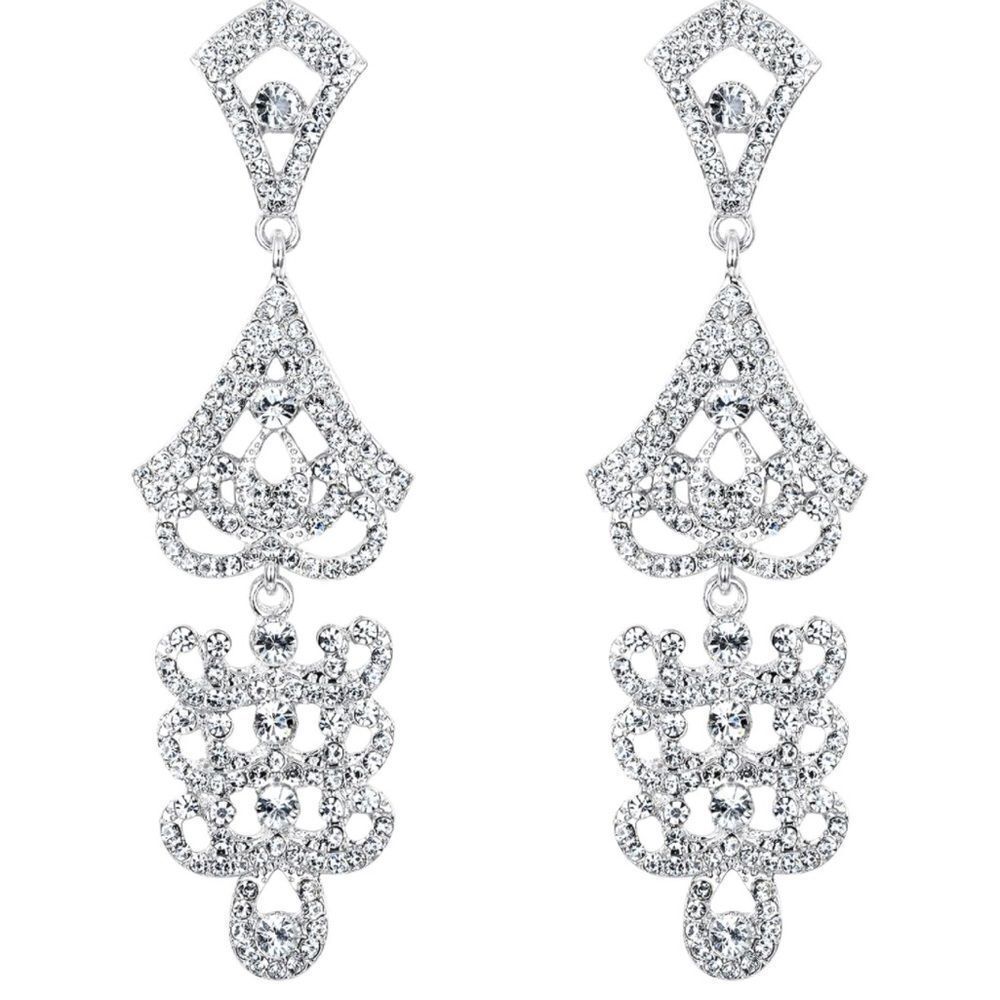 Silver with White Diamond Crystal Art Deco Chandelier Statement Post Earrings